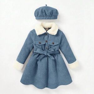 Plush Collar Long Sleeve Waisted Dress with Hat